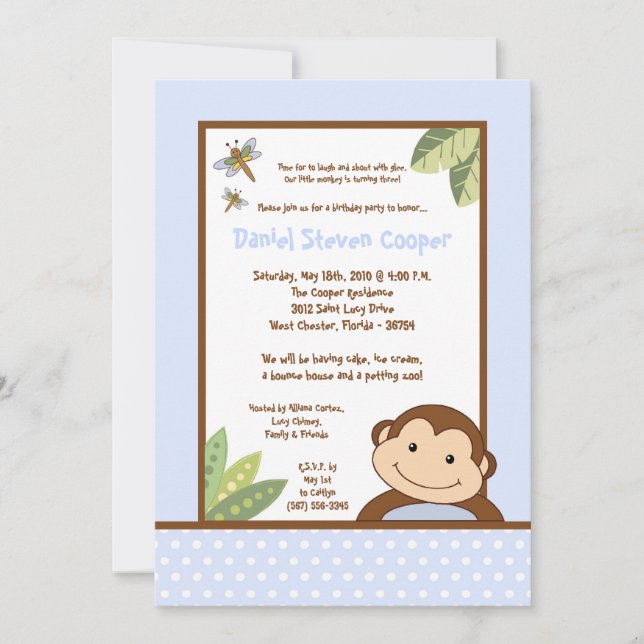 5 x 7 Bog Blue Papgayo Monkey Birthday Inbjudan (Framsida)
