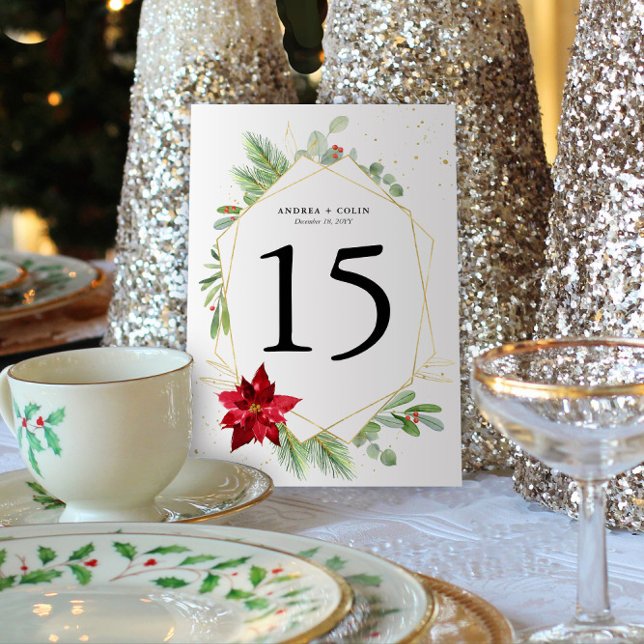 5 x 7 Bordsnummer för vattenfärg Helgdag Grey Guld (Christmas Holiday Wedding Table Numbers with Holiday Greenery and Red Poinsettia (5x7))