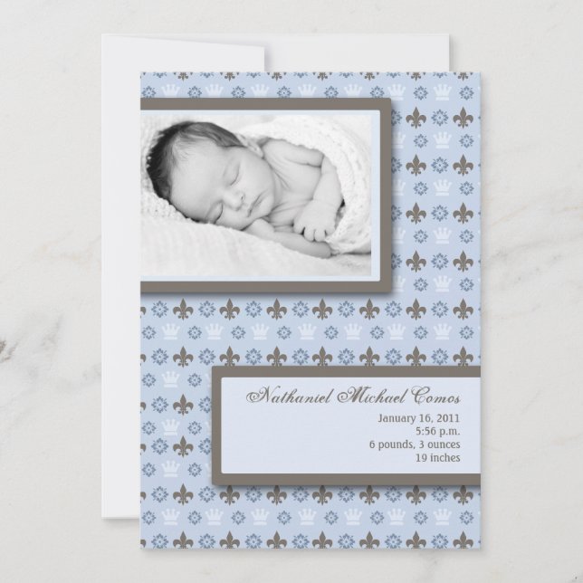 5 x 7 Boy Blue Fleur De Li Photo Birth Notice Meddelande (Framsida)