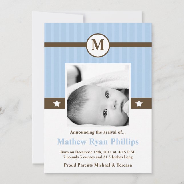 5 x 7 Boy Blue Monogram PHOTO Birth Notice Meddelande (Framsida)