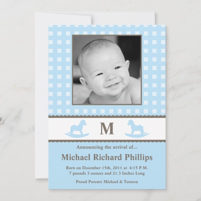 5 x 7 Boy Blue Monogram PHOTO Birth Notice Meddelande (Framsida)