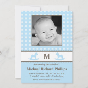 5 x 7 Boy Blue Monogram PHOTO Birth Notice Meddelande