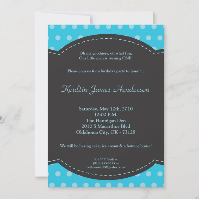 5 x 7 Boy Blue Polkadot Poke Birthday-inbjudan Inbjudningar (Framsida)