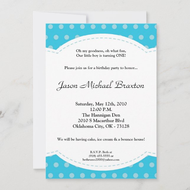 5 x 7 Boy Blue Polkadot Poke Birthday-inbjudan Inbjudningar (Framsida)