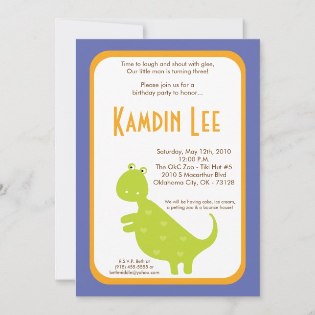 5 x 7 Boy Dinosaur Dino Birthday-inbjudan Inbjudningar (Framsida)