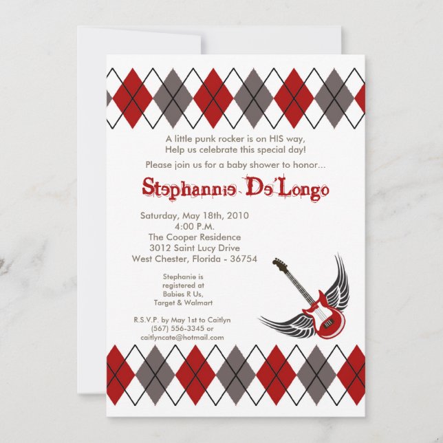 5 x 7 Boy Punk Rocker Guitar Baby Shower-inbjudan Inbjudningar (Framsida)