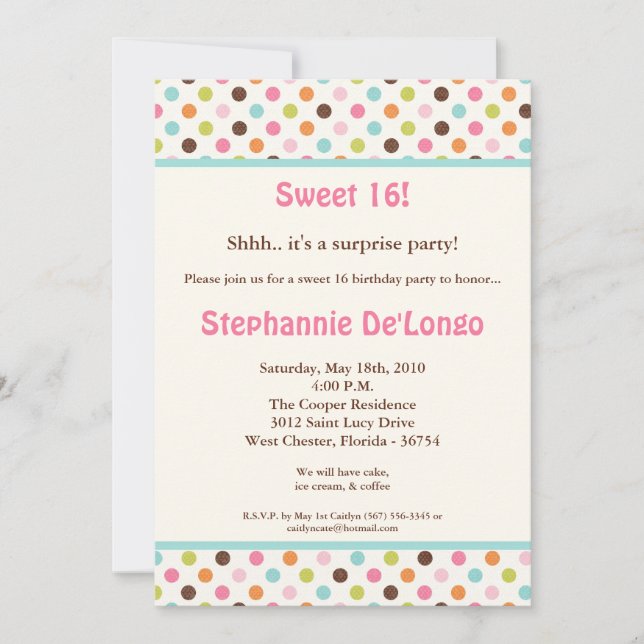 5 x 7 Bubblegum PolkaDot Sweet16 Birthday-inbjudan Inbjudningar (Framsida)