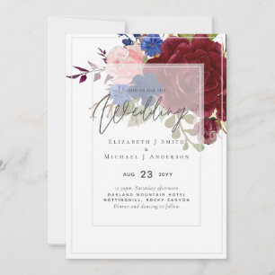 5 x 7 Burgundy Blue Rosa Blommigt bröllopsinbjudni