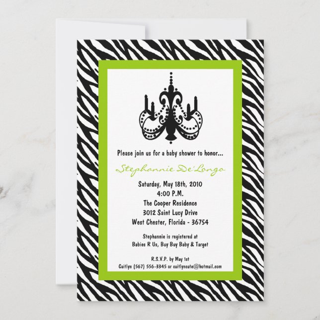 5 x 7 Chandelier Lime Zebra Baby Shower-inbjudan Inbjudningar (Framsida)