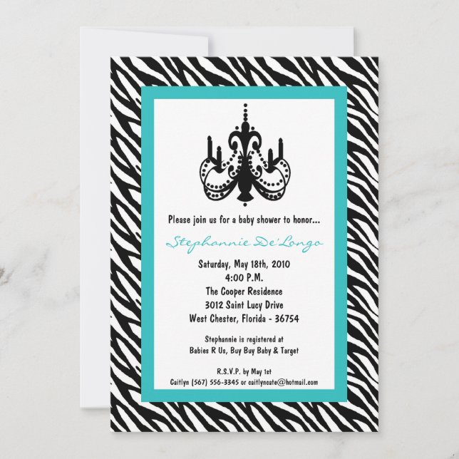 5 x 7 Chandelier Teal Zebra Baby Shower-inbjudan Inbjudningar (Framsida)