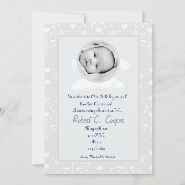 5 x 7 Circle with Vingar PHOTO Birth Notice Inbjudningar (Framsida)