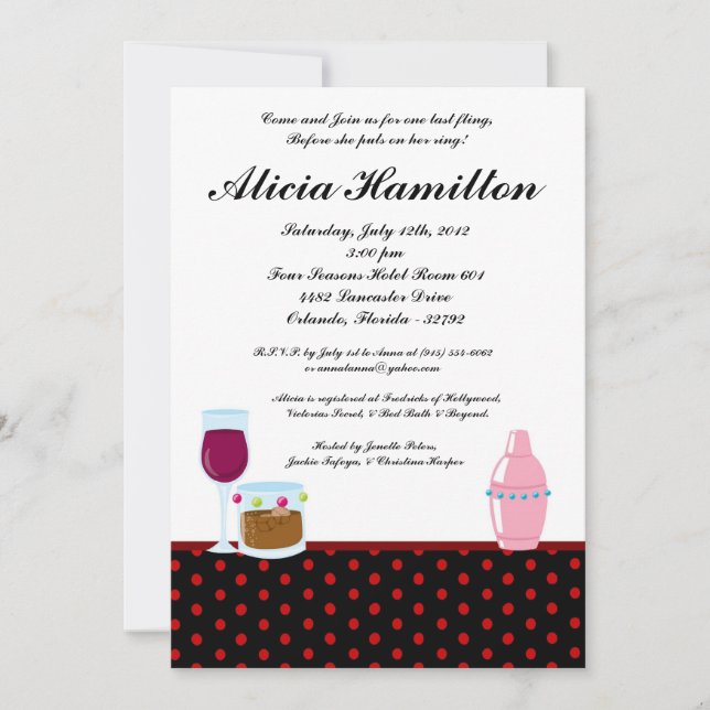 5 x 7 Crimson Red Cocktails Bachelorette-inbjudan Inbjudningar (Framsida)