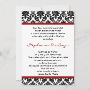 5 x 7 Crimson Red Damask Quinceanera-inbjudan Inbjudningar