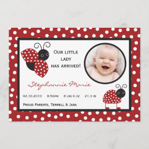 5 x 7 Crimson Red Nyckelpiga Photo Birth Notice Meddelande