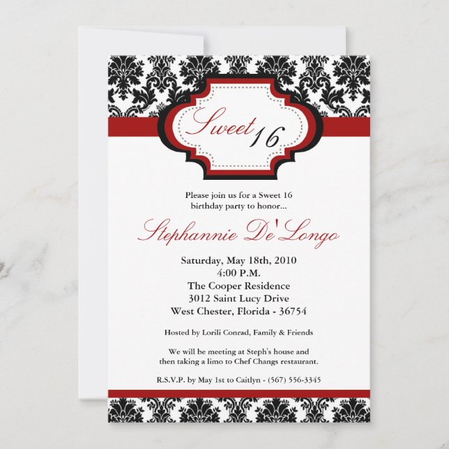 5 x 7 CrimsonRed Damask Sweet 16 födelsedagsinbjud Inbjudningar (Framsida)