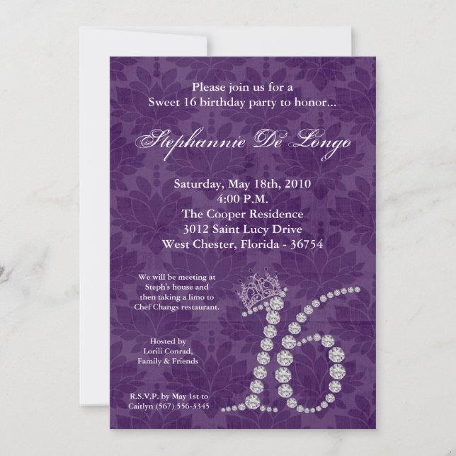 5 x 7 Diamond Amethyst Sweet 16 födelsedagsinbjuda Inbjudningar (Framsida)