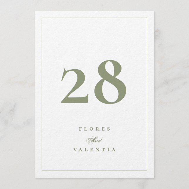 5 x 7 Eleganta mossgröna bordsnummer för bröllop (Framsida)