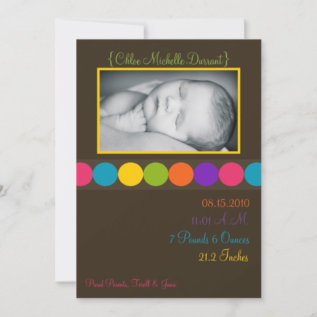 5 x 7 Flicka Brown Polka Photo Birth Notice Meddelande (Framsida)