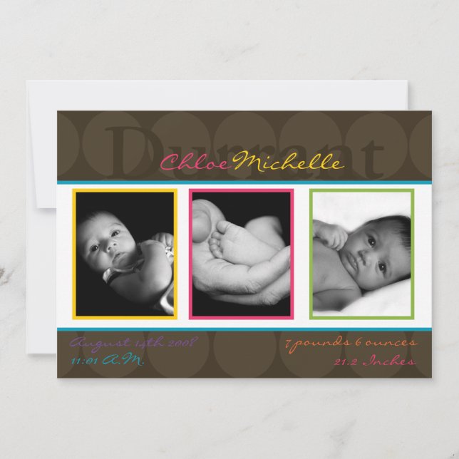 5 x 7 Flicka Brown Polka Photo Birth Notice Meddelande (Framsida)