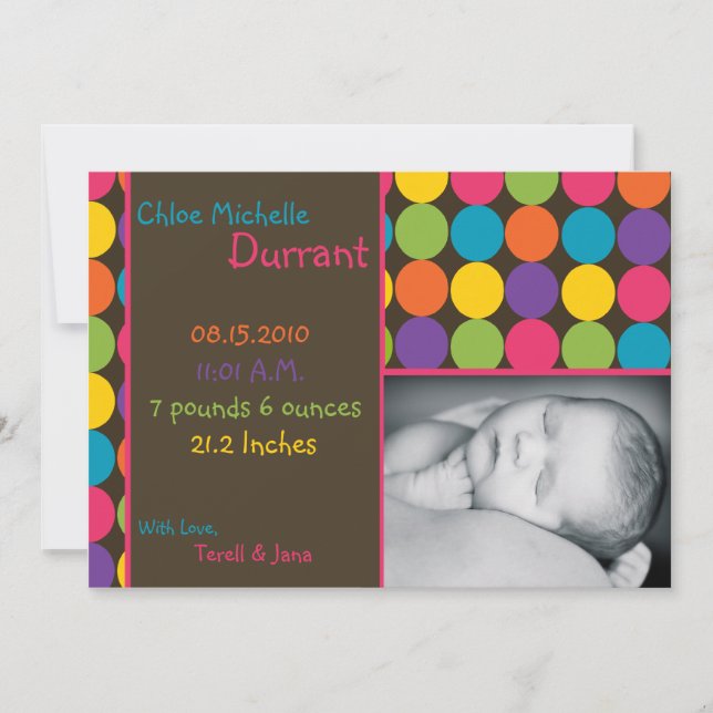 5 x 7 Flicka Brown Polka Photo Birth Notice Meddelande (Framsida)
