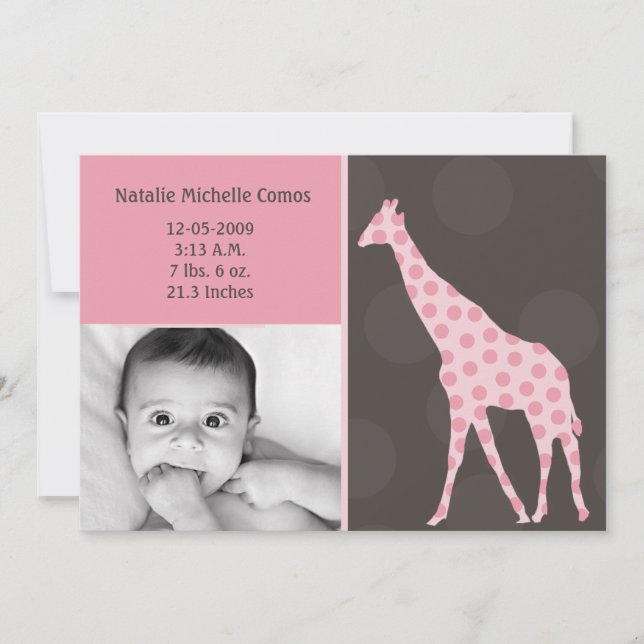 5 x 7 Flicka PinkGiraffe Photo Birth-meddelande Meddelande (Framsida)