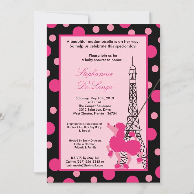 5 x 7 Flickor Rosa Pudel Paris babystöldsinbjudan  Inbjudningar (Framsida)