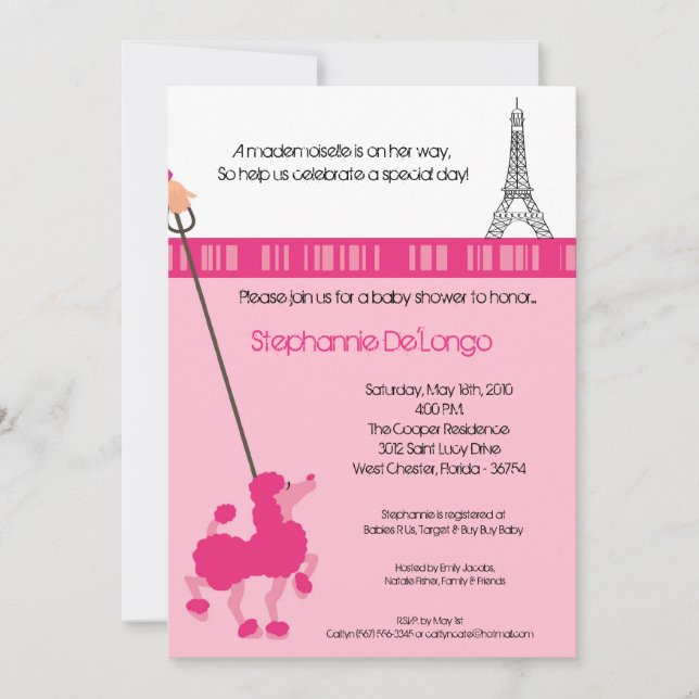 5 x 7 Flickor Rosa Pudel Paris babystöldsinbjudan  Inbjudningar (Framsida)