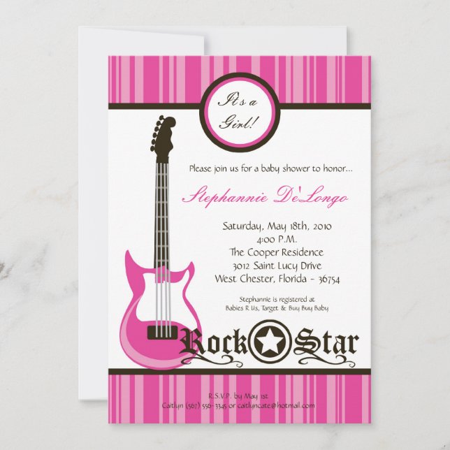 5 x 7 Flickor Rosa Sten Guitar Baby Shower-inbjuda Inbjudningar (Framsida)