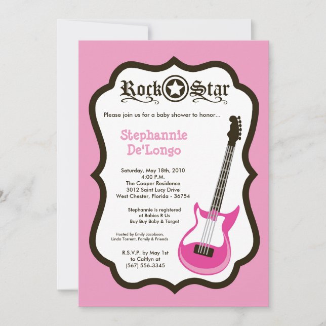 5 x 7 Flickor Rosa Sten Guitar Baby Shower-inbjuda Inbjudningar (Framsida)