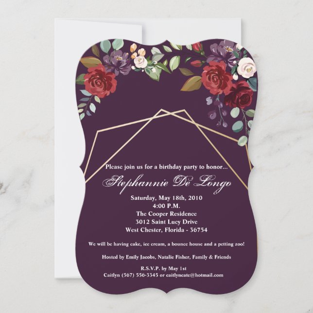 5 x 7 födelsedagsinbjudan Plum Lila Ro Guld Geo Inbjudningar (Framsida)