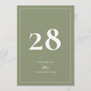 5 x 7 Formella mossgröna bröllopsbordnummer Inbjudningar