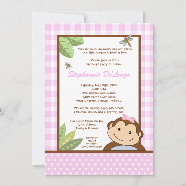 5 x 7 GirlPink Papgayo Monkey Birthday-inbjudan Inbjudningar (Framsida)