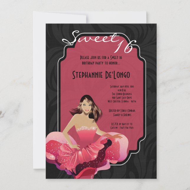 5 x 7 Glamor Girl Sweet 16 Birthday-inbjudan Inbjudningar (Framsida)