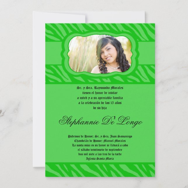 5 x 7 Gree Patter Quinceanera-inbjudan till Zebra  Inbjudningar (Framsida)