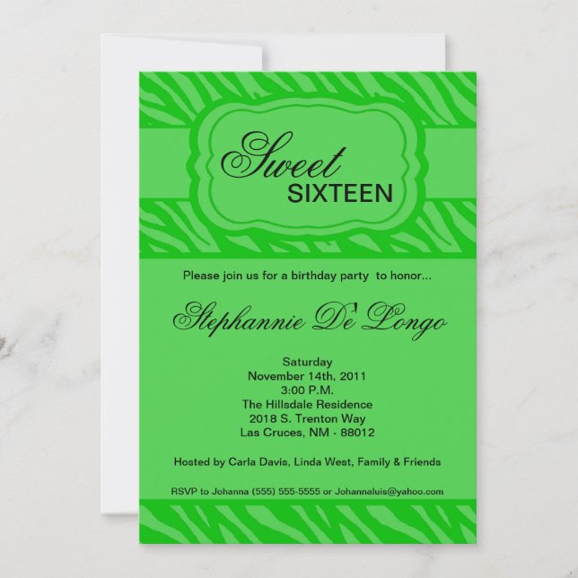 5 x 7 GRÖNT ZEBRA TRYCK FÖDELSEDAGSFEST INBJUDAN (Framsida)