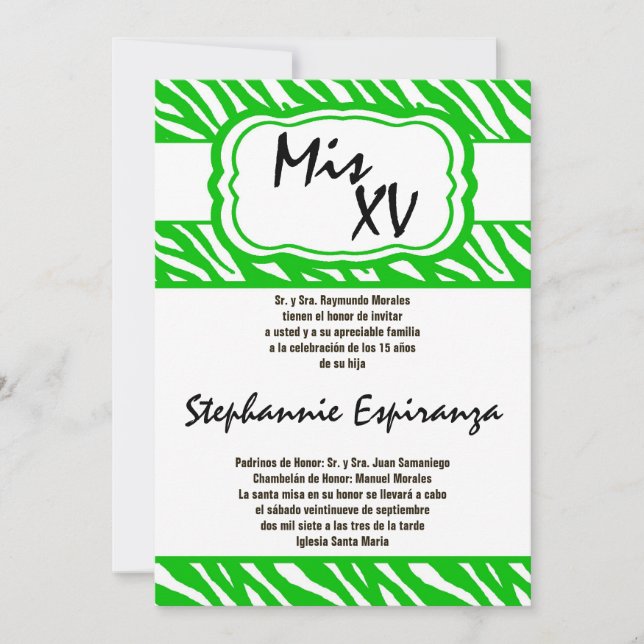 5 x 7 Grönt Zebra tryck Quinceanera 15-inbjudan Inbjudningar (Framsida)