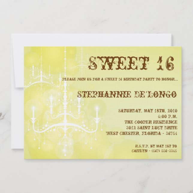 5 x 7 Gult Chandelier Sweet 16 födelsedagsinbjudan Inbjudningar (Framsida)