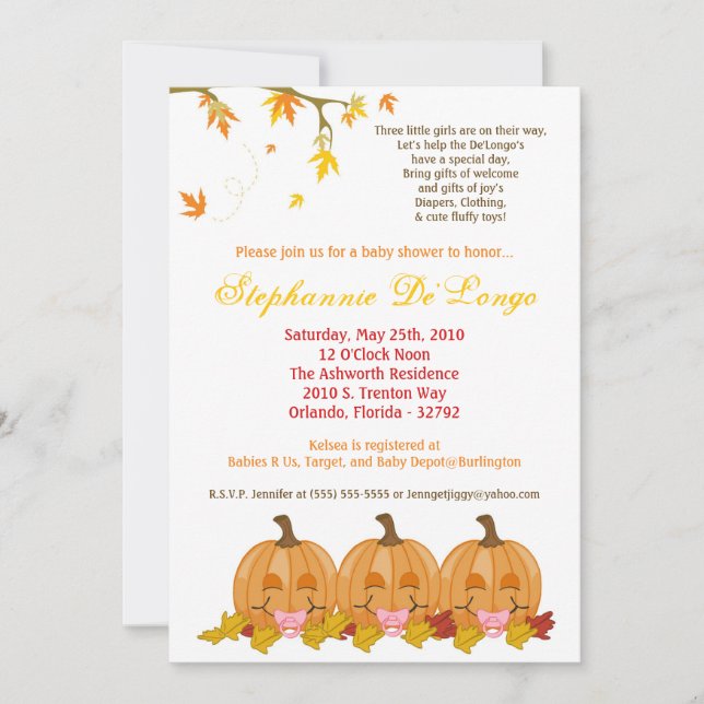 5 x 7 Höst löv TRIPLETGirl-inbjudan till babyvisni Inbjudningar (Framsida)