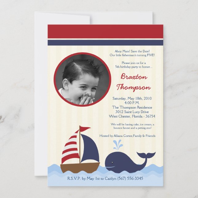5 x 7 Inbjudan till Ahoy Nautical Whale Boat Birth (Framsida)
