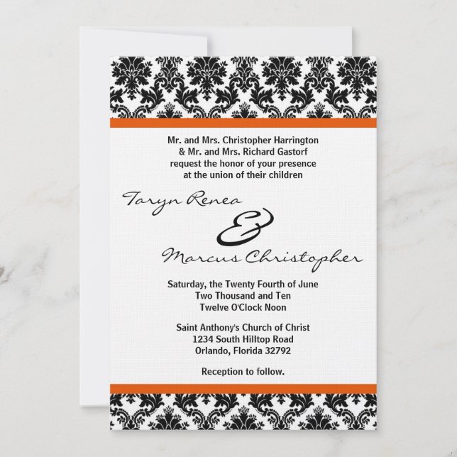 5 x 7-inbjudan till Svart Damask & Orange Linen-br Inbjudningar (Framsida)