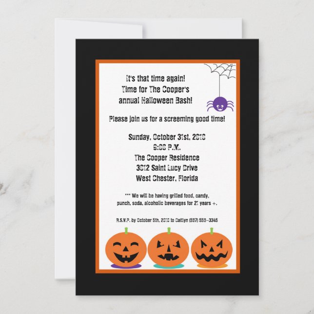5 x 7 Jack-o-lantern Halloween Bash Party-inbjudan Inbjudningar (Framsida)