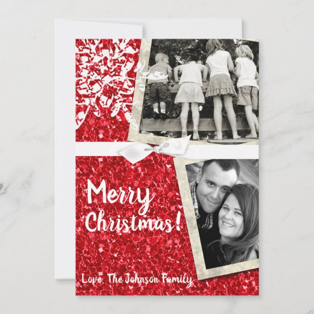 5 x 7 JULAFTON Jul Red Glitter Snowfla PHOTO Card Julkort (Framsida)