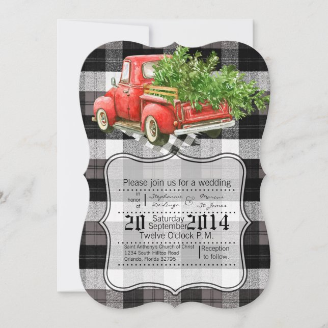 5 x 7 JULAFTON Lastbil Buffalo Plaid Wedding bjudn Inbjudningar (Framsida)