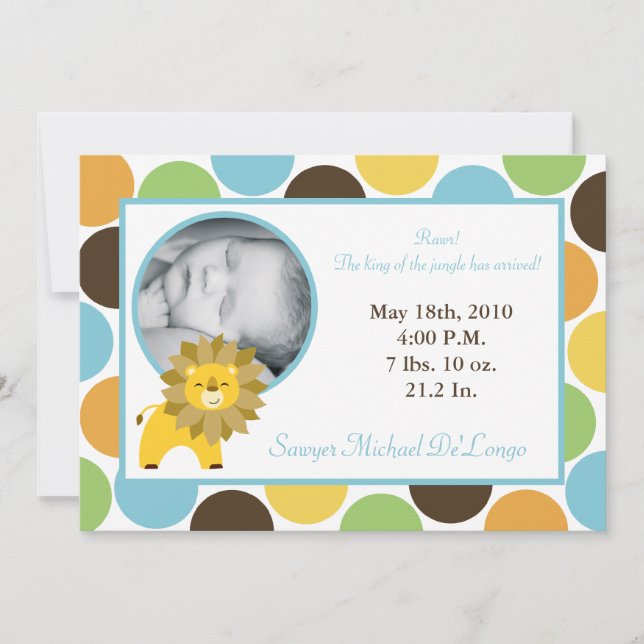 5 x 7 Jungle Kung Lejon Zoo Foto Birth Notice Meddelande (Framsida)
