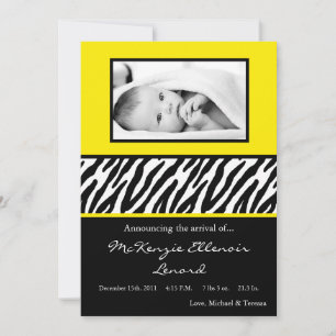 5 x 7 Kassi Gult Zebra PHOTO Birth Notice Meddelande