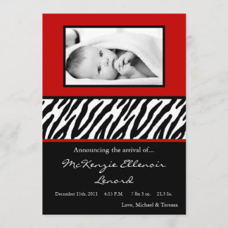 5 x 7 Krimson Red Zebra PHOTO Birth Notice Meddelande