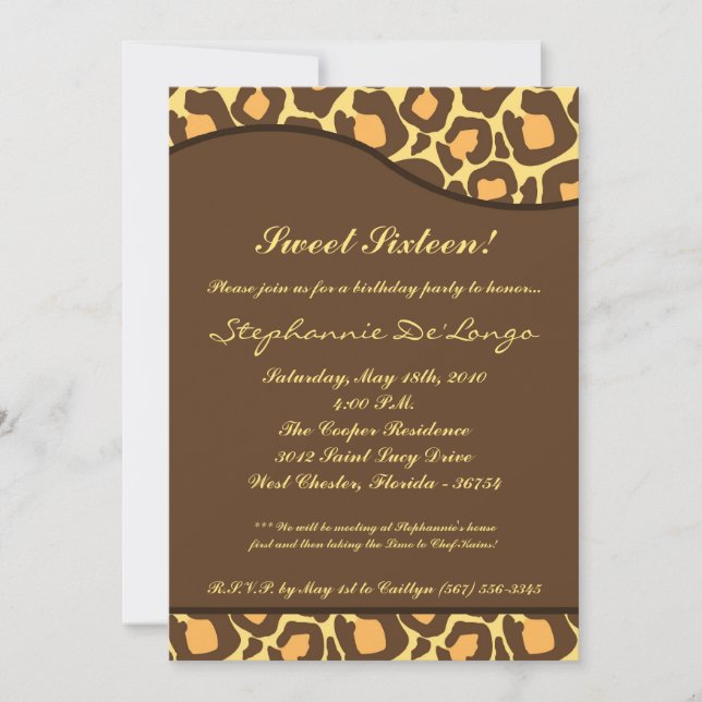 5 x 7 Leopard Print Sweet 16 Födelsedagsfest Inbju Inbjudningar (Framsida)