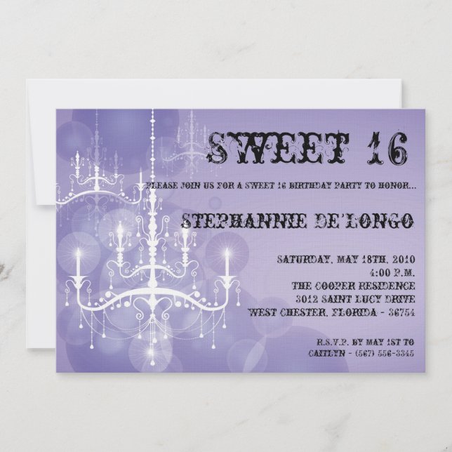 5 x 7 Lila Chandelier Sweet 16 födelsedagsinbjudan Inbjudningar (Framsida)