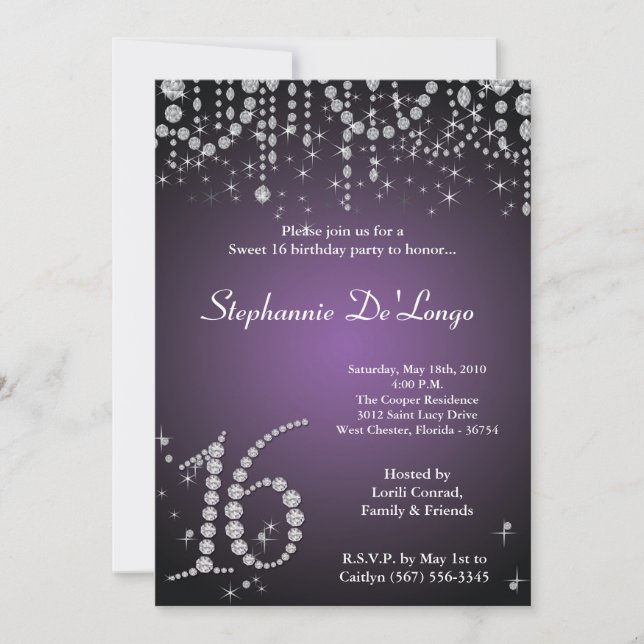 5 x 7 Lila Diamond Sweet 16 Birthday-inbjudan Inbjudningar (Framsida)