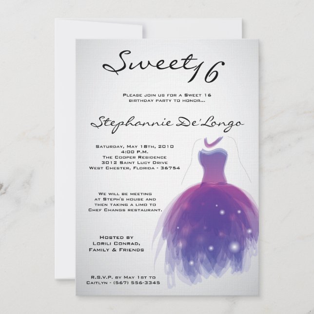 5 x 7 Lila Dress Sweet 16 Birthday-inbjudan Inbjudningar (Framsida)
